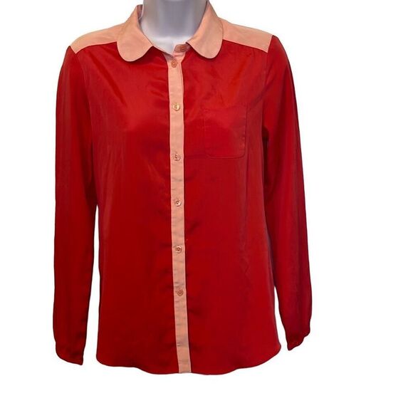 American Eagle  XS Coral Pink Colorblock Button Down Long Sleeve Blouse Office - Picture 1 of 8